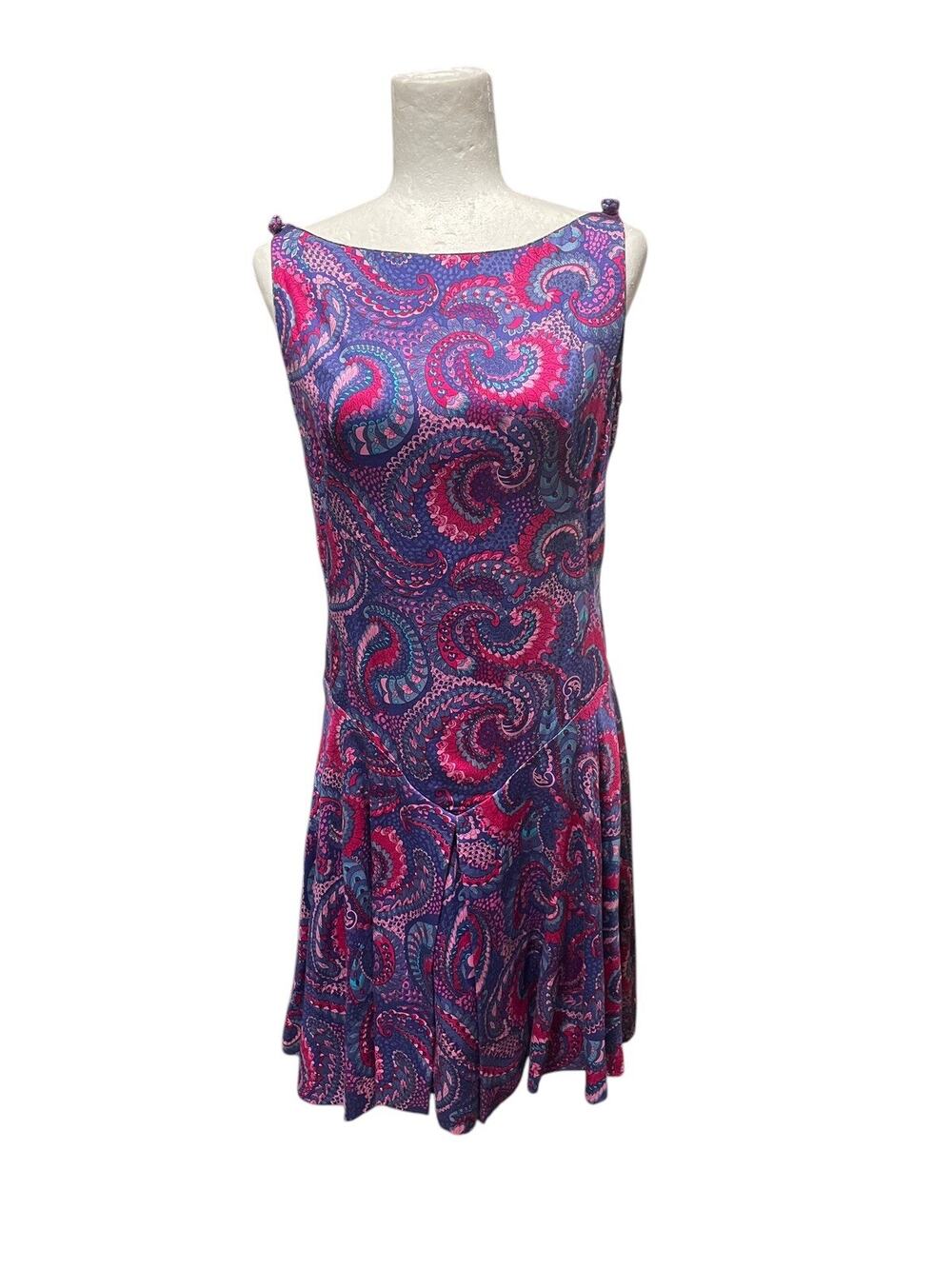 VTG Royal Lynne Hong Kong Silk Blend Dress Drop Waist Purple Pink Paisley Sz 12
